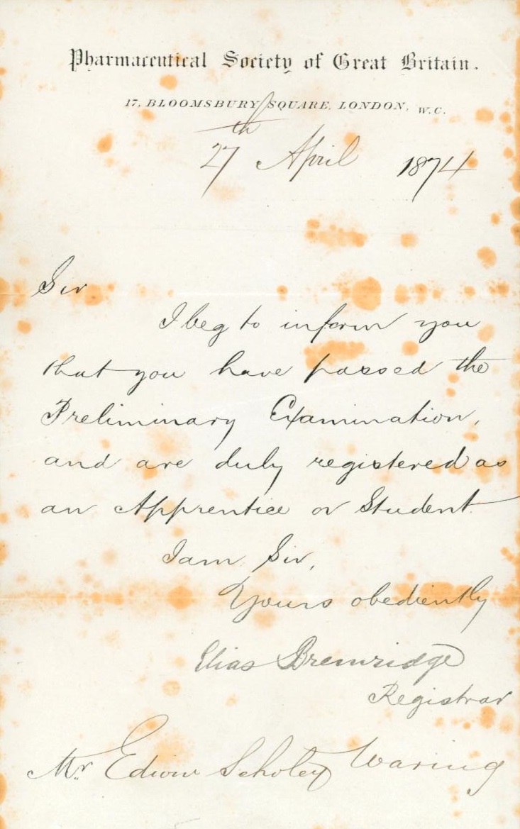 Waring Apprentice Notice from Pharmaceutical Society of Great Britain  1874